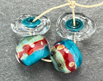 CrazyCatGlass Lampwork Boro Glass Beads Handmade Red Rover Round Pair