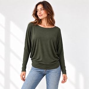 Long Sleeve Top: Wide Neckline Dropped Dolman Sleeves