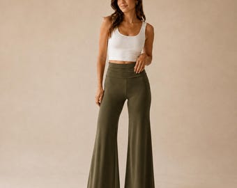 Pantalon taille haute à jambes larges | Pantalon décontracté fluide et extensible