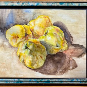 Pere sul tavolo Dipinto ad acquerello originale Pere gialle Con cornice Natura morta Arte Cucina Decorazione per la casa Frutta ad acquerello Opera d'arte in cornice di vetro
