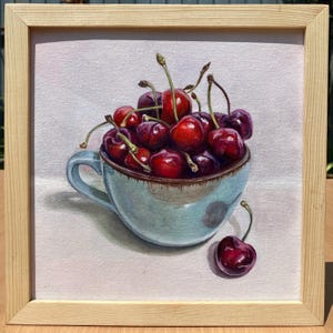 Original cherry Oil Painting Kitchen wall decor Small wall art Original Oil Art Fruit Still Life Gift for her red cherry oil art
