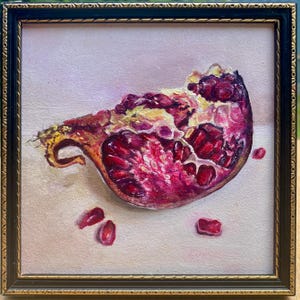 Pintura al óleo original de una rodaja de granada, arte de pared pequeño, mini pintura al óleo enmarcada, decoración de pared de cocina, pintura de naturaleza muerta de frutas, regalo para ella