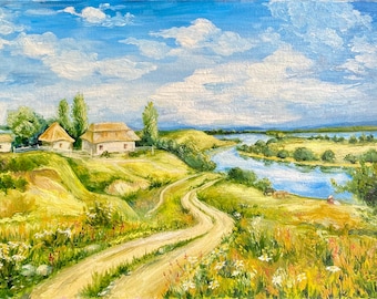 huile Peinture à l'huile Peinture à l'huile Peinture à l'huile Paysage ukrainien village près de la rivière Ferme ukrainienne