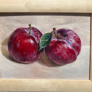 Original two plums Oil Painting Kitchen wall decor Small wall art Original Oil Art Red Fruit Still Life Gift for her mini oil painting