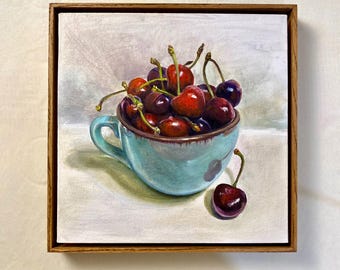 Oryginalny obraz olejny „Wiśnia”, martwa natura, mała dekoracja ścienna do kuchni, 10 x 10 cali