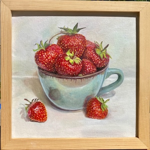 Original strawberry Oil Painting Kitchen wall decor Small wall art Original Oil Art Fruit Still Life Gift for her red strawberry oil art