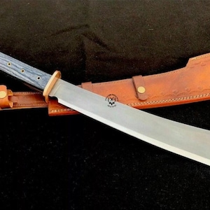 Damascus Machete, Handmade Carbon Steel Machete Sword with Leather Sheath, Hip Belt Clip, Engraved Knife Gifts for Him