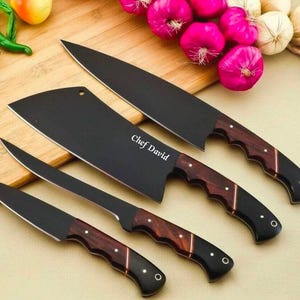 Damascus Knife Set | 4 Piece Set | Personalized Knives | Chef Knife Set | Cooking Knives | Father&#39;s Day Gift | Hand Forged Knives
