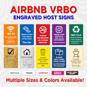 Puede incluir: Letreros grabados para anfitriones de Airbnb y VRBO. Los letreros incluyen detalles de Wi-Fi, solicitud de quitarse los zapatos, prohibición de fumar, etiqueta de Instagram, instrucciones de reciclaje, lista de verificación, reglas de la casa, eliminación de basura y limpieza de la parrilla. Múltiples tamaños y colores disponibles.