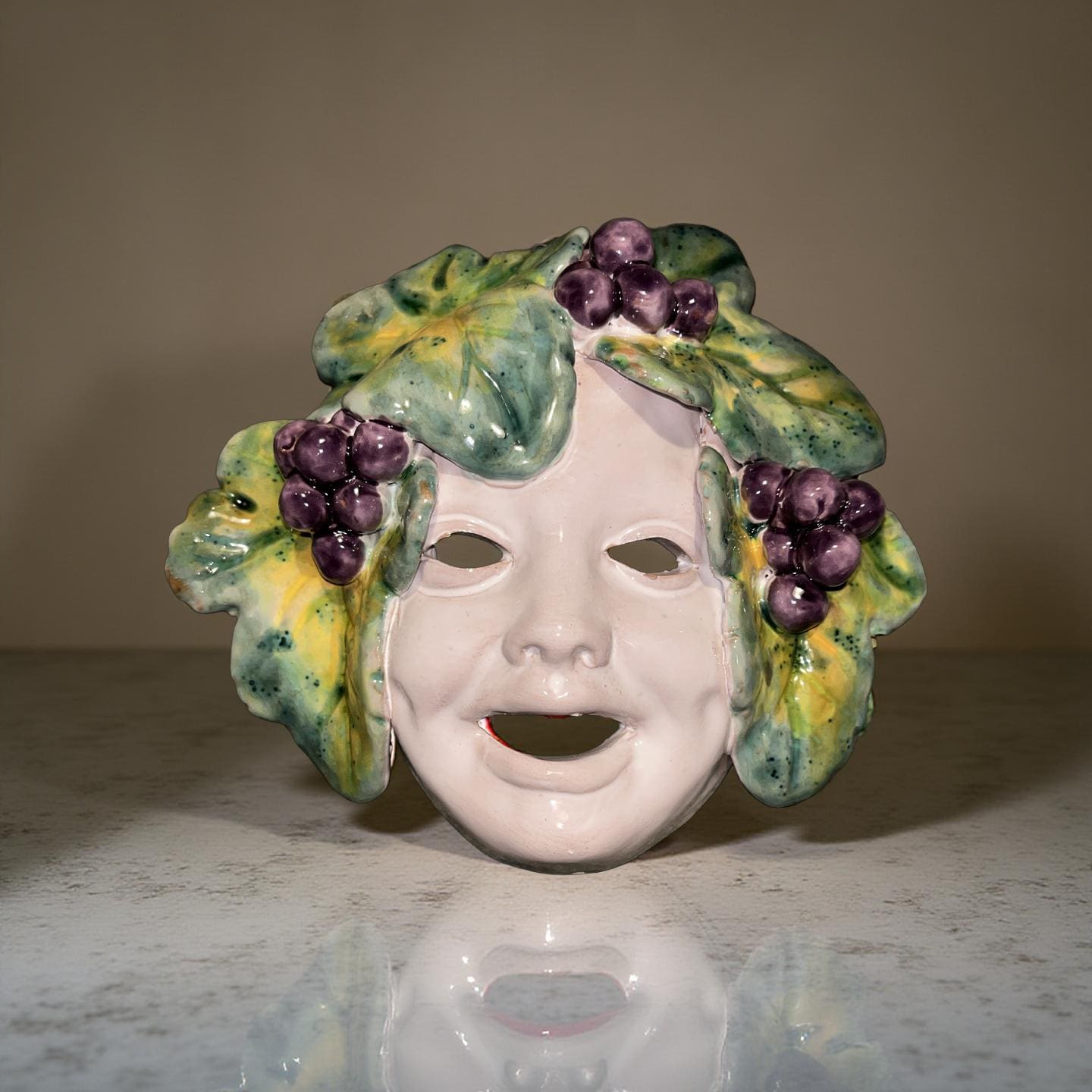 Vintage Majolica Bacchus Mask Wall Plaque – Hand-painted Ceramic