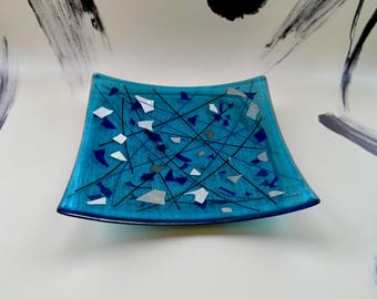 Fused Glass Art Bowl: Blue Turquoise Decorative Centerpiece