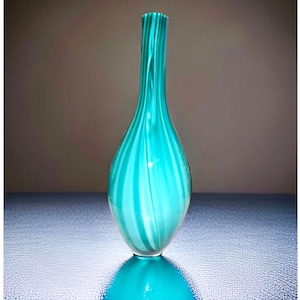 Large Handblown Retro Tall Turquoise Blue Glass Vase with Spiral Design – White Glass Interior