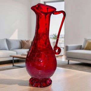 Vintage Red Crackle Glass Pitcher – Applied Handle, likely Italian Art Glass Style