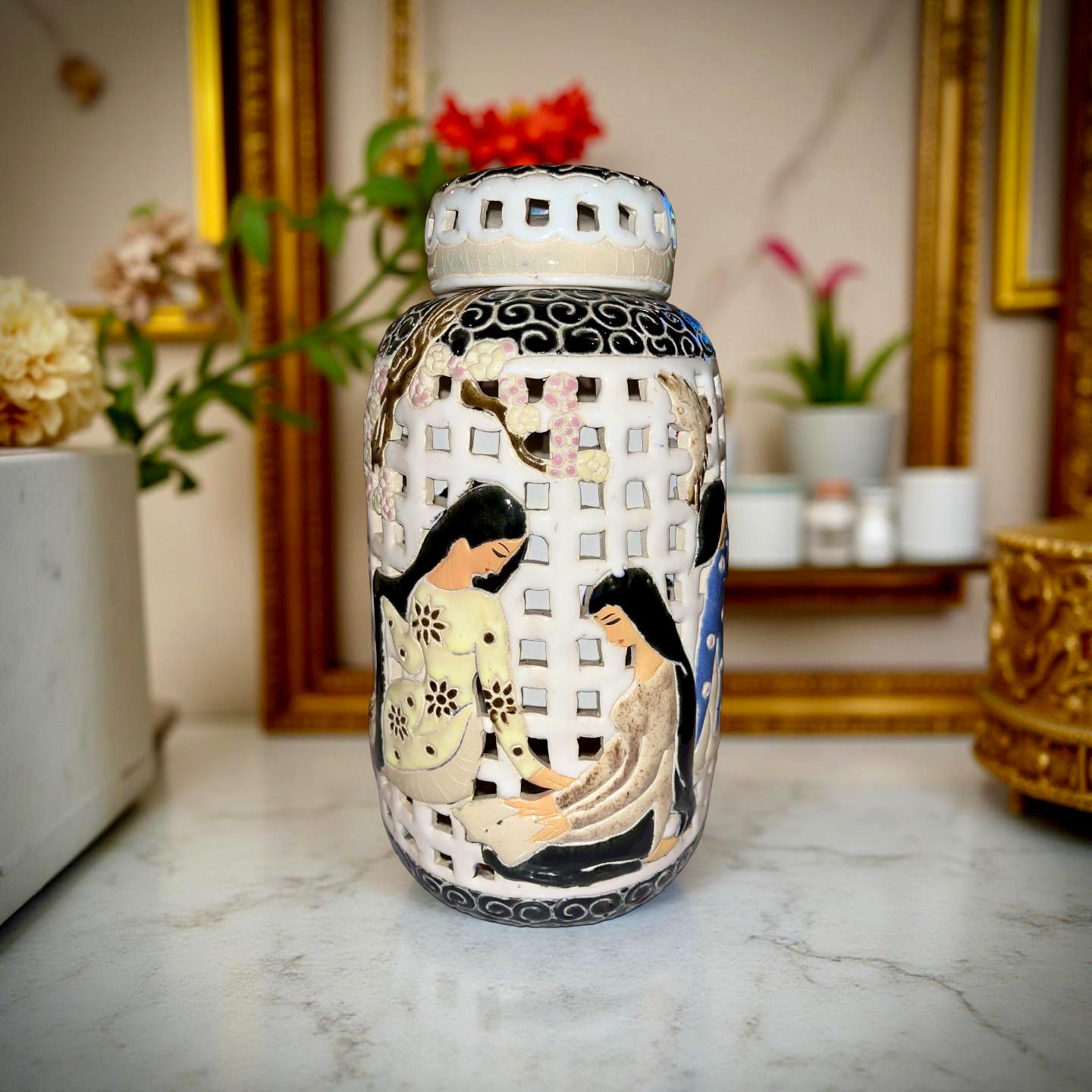 1940s Donna Vietnam Pottery Lantern Urn – Openwork Ceramic Jar 