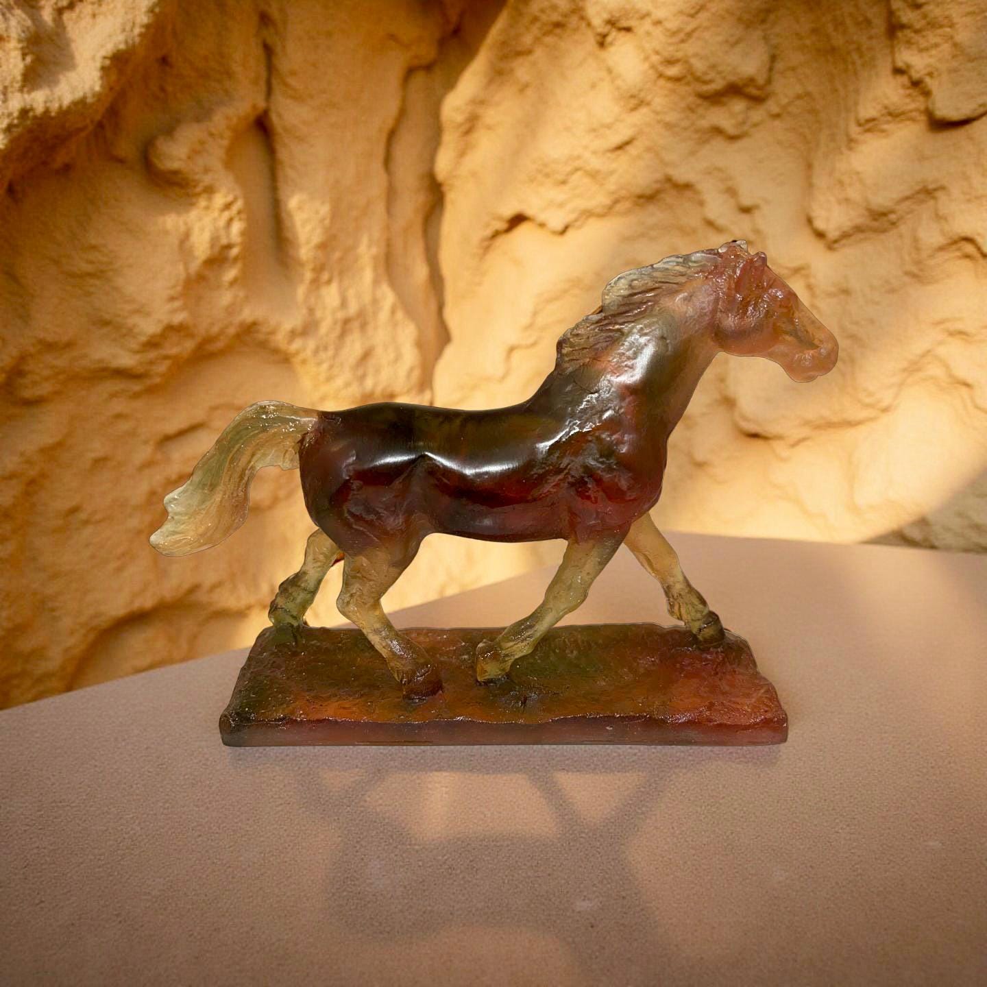 Daum France Trotting Horse by Leroy – Amber Pâte De Verre Art