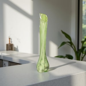 Handblown Swung Art Glass Vase – Green and White – Vintage Stretch Glass – Mid Century Style