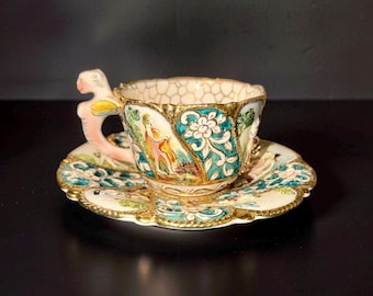 Vintage Italian Hand Painted Demitasse Cup & Saucer Figural Handle Capodimonte