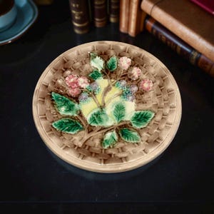 Antique Majolica Pottery Plate | Basketweave Design with Blackberries & Florals | Collectible Majolica