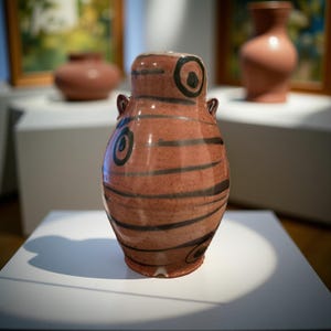 May include: A pink ceramic vase with black and white stripes and circles. The vase has two handles and a rounded body.