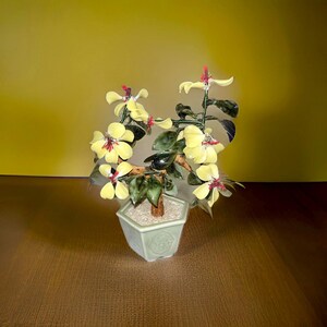 May include: A jade bonsai tree with yellow flowers and green leaves in a green ceramic pot. The tree is on a brown wooden surface.