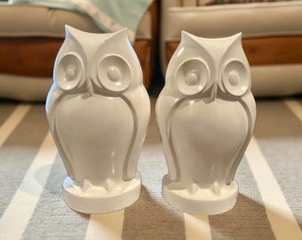 Pair of Sicura Italian Designs Owl Bookends – White Lacquer Ceramic – Heavy 6"