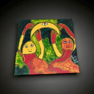 May include: Colorful abstract painting featuring two figures holding a yellow crescent shape with an eye. The figures are red and orange with yellow arms and faces. The background is green with yellow accents. Signed "Leroy Erik 2014".