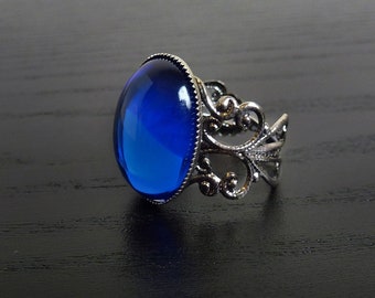 Sapphire blue gothic ring - Ornate filigree victorian steampunk ring - adjustable unisex BELLA ring