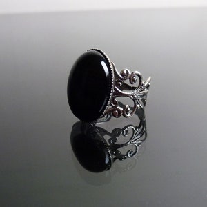 Viktorianischer Gothic Ring - Schwarzer Onyx Edelstein, kunstvoller filigraner Steampunk verstellbarer Ring - BELLA