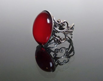 Victorian filigree ring - Ruby red ornate gothic steampunk adjustable ring - BELLA