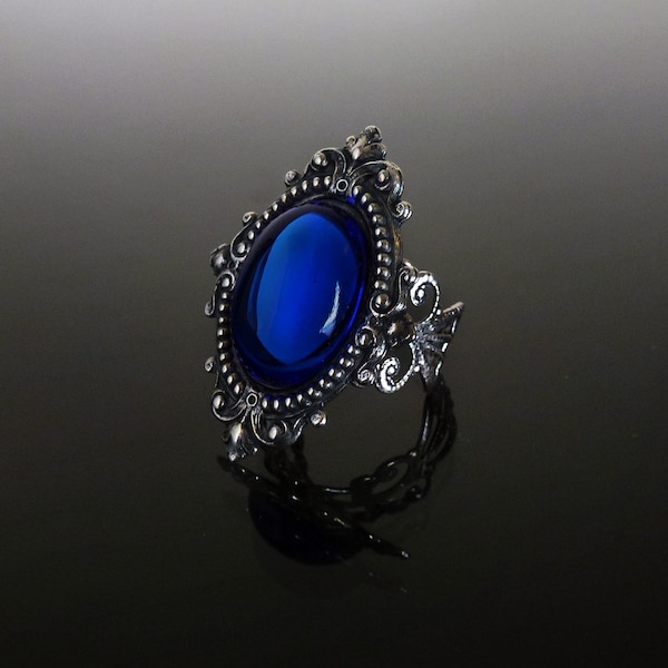 Victorian gothic ring - Sapphire blue ornate filigree silver steampunk ring - adjustable ring SINISTRA