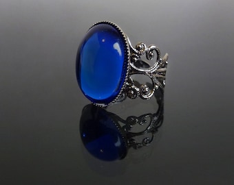 Victorian gothic ring - Sapphire blue ornate filigree steampunk adjustable ring - BELLA