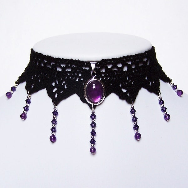 Victorian gothic choker necklace - Amethyst gemstone lace & purple Swarovski - Steampunk wedding - Angelique