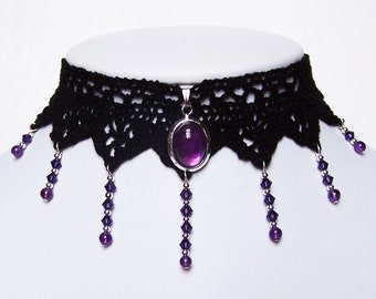 Victorian gothic choker necklace - Amethyst gemstone lace & purple Swarovski - Steampunk wedding - Angelique