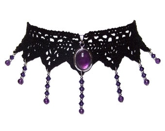 Victorian gothic lace choker necklace - Amethyst purple gemstone & Swarovski crystal - Steampunk wedding ANGELIQUE