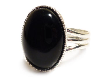 Black Onyx Gemstone ring Victorian Gothic ring Semi Precious Oval Adjustable 18 x 13 mm Silver Plated