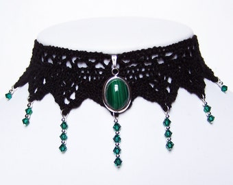 Victorian gothic choker necklace - Malachite gemstone lace & Emerald green Swarovski crystal drops - Steampunk wedding ANGELIQUE