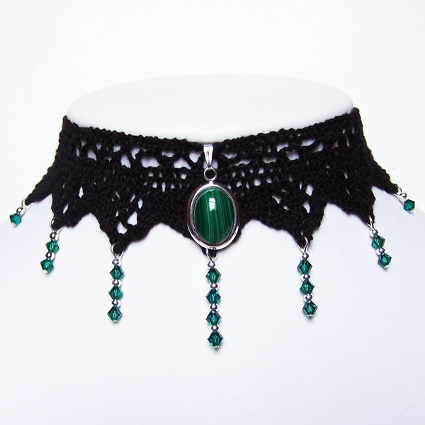 Victorian gothic choker necklace - Malachite gemstone lace & Emerald green Swarovski crystal drops - Steampunk wedding ANGELIQUE