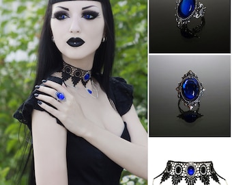 Victorian Sapphire blue gothic ring & choker necklace set - silver filigree ring and lace choker - goth steampunk wedding SINISTRA