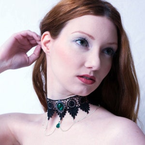Victorian gothic choker necklace - Emerald green Swarovski crystal lace & draped chains - Steampunk wedding - SINISTRA