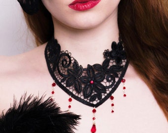 Victorian gothic choker necklace - Ruby red Swarovski crystal lace pendant - Steampunk wedding - NOCTURNE