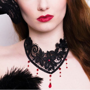 Victorian gothic choker necklace - Ruby red Swarovski crystal lace pendant - Steampunk wedding - NOCTURNE