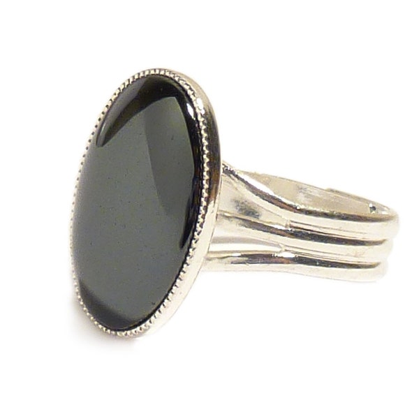 Victorian Gothic ring Hematite Grey Gemstone ring Semi Precious Oval Adjustable 18 x 13 mm Silver Plated