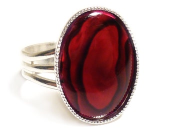 Red Abalone Ring, Adjustable Silver Plated Band, Gothic Jewelry