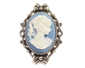 Victorian blue cameo ring - Portrait of a lady - Adjustable silver gothic steampunk ring