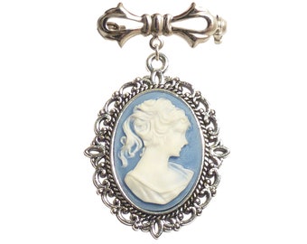 Victorian Gothic Blue Cameo brooch - Portrait of a lady - Steampunk goth silver elegance