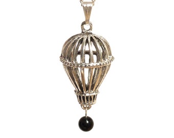 Steampunk Victorian Hot Air Balloon Necklace With a Black Onyx Gemstone Drop Silver Gothic