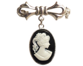 Black and white Victorian Cameo Brooch - Beautiful Portrait of a lady - Silver gothic Steampunk