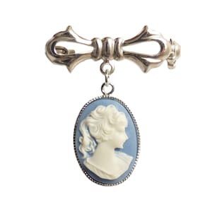 Victorian Gothic Blue Cameo Brooch Beautiful Portrait of a lady Steampunk goth silver image 1