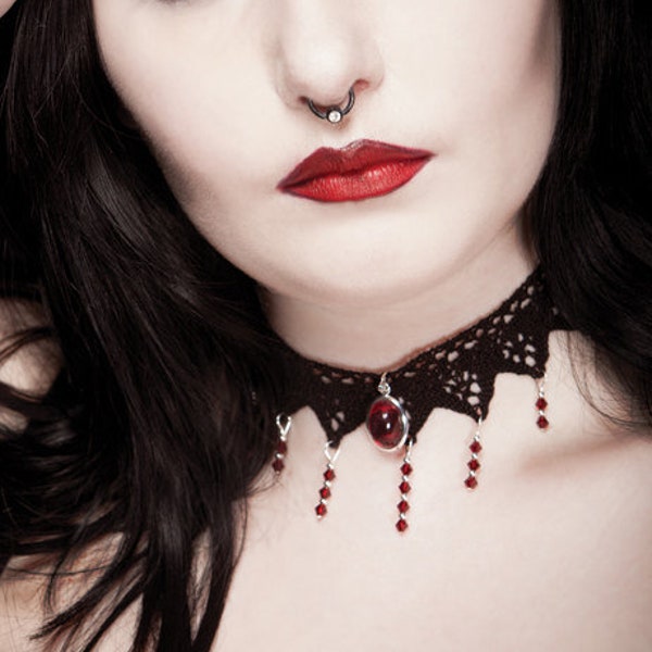 Victorian gothic lace choker necklace - Ruby red pendant & Swarovski crystal drops - Steampunk goth wedding ANGELIQUE