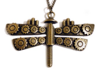 Steampunk Victorian Dragonfly necklace - Mechanical Dragonfly antique brass goth gothic